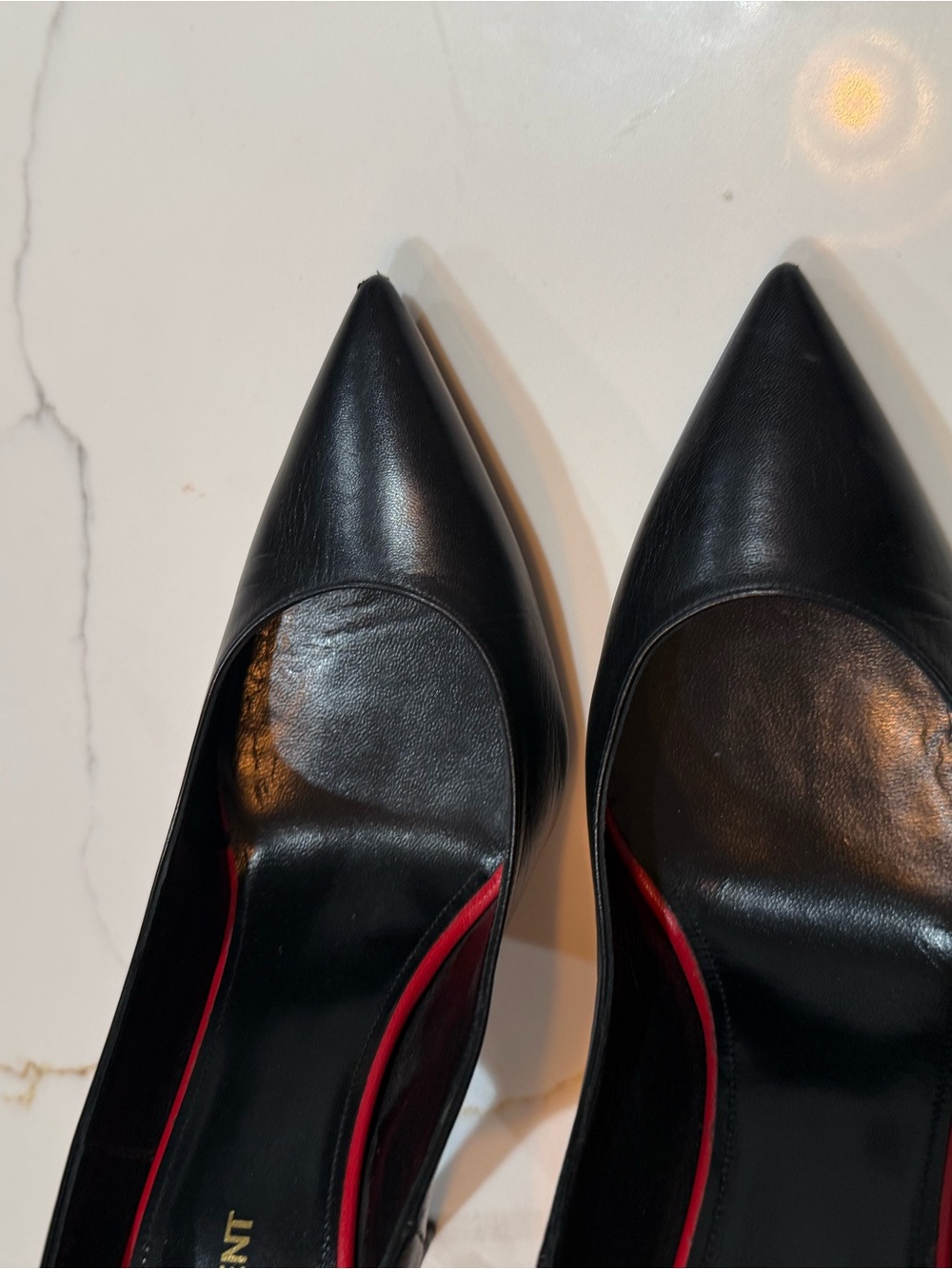 Yves Saint Laurent Black Leather Pointed Toe Pumps with Red Trim - Picture 5 of 7